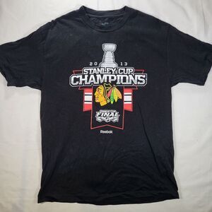 Chicago Blackhawks Men's Large Reebok Black‎ Tshirt Stanley Cup Champions 2013